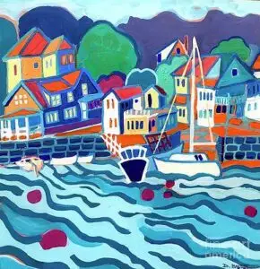 Harbor Hues invites viewers into a serene coastal escape, where color and calm converge. Soft tones and fluid lines evoke the quiet beauty of harbors at dawn. several boats and bouys bob in the wavy water. main colors are blue green, purple, orange and green.