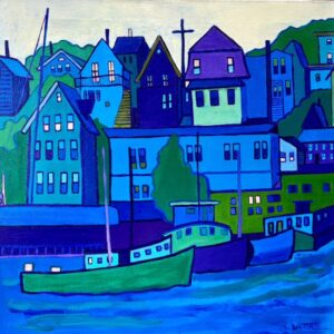 Coastal painting of Gloucester Harbor, Massachusetts in expressive bright colors by artist Debra Bretton Robinson.”
