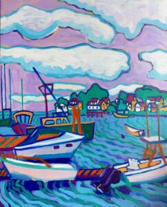 a colorful harbor scene in blue, green and purple with several boats and docks in the foreground. It the background, several trees and cottages sit below some large, fluffy white clouds. The water is depicted in blue, green and purple wavy lines.