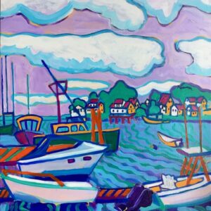 a colorful harbor scene in blue, green and purple with several boats and docks in the foreground. It the background, several trees and cottages sit below some large, fluffy white clouds.