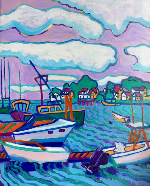 a colorful harbor scene in blue, green and purple with several boats and docks in the foreground. It the background, several trees and cottages sit below some large, fluffy white clouds.