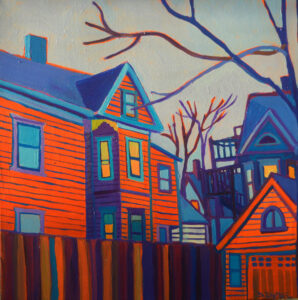 This is a city scene of a driveway with an orange striped two level house on the left, a vertically striped brown wooden fence in front of it, an old fashioned garage from the 1920's, a few blue- shaded two story houses layered in the background with some bare trees in between the layers of buildings. A pattern of vertical and horizontal striping can be seen on the structures, the fence, siding and porches. A warm orange light can be seen on one side of the buildings and the rest is in cool blue shadows. A few yellow windows of light shine out to let you know you aren't alone. You have community. It warms your heart when you see it and feel it.