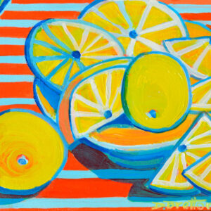 A Still Life of Lemons on a striped red tablecloth.