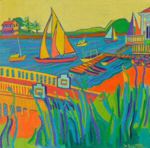 A large sailboat with several yellow sails sits in the center left of this harbor scene. A dock frames it on two sides. Tall, green and blue grasses take up the right hand corner foreground. The sailboat is joined by a few smaller ones, sitting in a blue ocean. Behind the boats is a thin strip of land with a stately old home anchored to it. The land stretches from the left side to the right connecting the action in a pleasing triangle of activity.