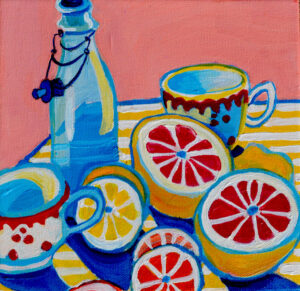 Whimsical still life painting of sliced citrus fruits, vintage teacups, and a glass bottle on a striped tablecloth, set against a vibrant pink background, capturing morning light and playful energy in a modern pop-art style.