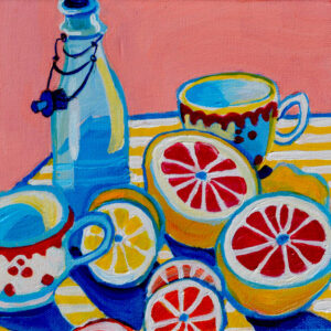 Whimsical still life painting of sliced citrus fruits, vintage teacups, and a glass bottle on a striped tablecloth, set against a vibrant pink background, capturing morning light and playful energy in a modern pop-art style.