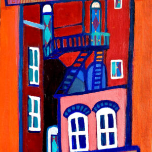 This was a window at one point. Now it is an open hole to a city scene behind an aprtment building. The color scheme is red, orange, pink on the buildings and all lines are outlined in blue, shadows are blue. pops of white are around windows and above doors. visible are a few rear buildings showing a porch and staircases downward for mainly fire escape purposes. The patterning (or stripes) from the staircases and the decoration above the windows tell a happy story about community and city life.
