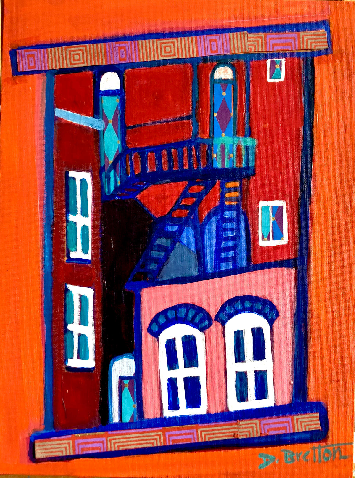This was a window at one point. Now it is an open hole to a city scene behind an aprtment building. The color scheme is red, orange, pink on the buildings and all lines are outlined in blue, shadows are blue. pops of white are around windows and above doors. visible are a few rear buildings showing a porch and staircases downward for mainly fire escape purposes. The patterning (or stripes) from the staircases and the decoration above the windows tell a happy story about community and city life.