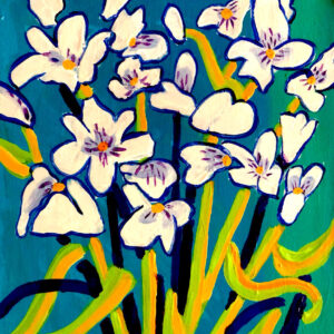 Expressive white violets with yellow centers dance over a blue and green background, sitting on top of yellow-green and dark blue stems and leaves. The painting is uplifting and joyful.