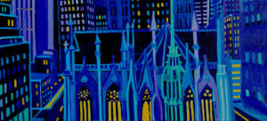 This is a NYC scene at night, midtown. all the buildings are either blue, purple or dark pirple, almost black. Its a direct contrast to the lights on in all the windows and on the streets. Directly in the foreground the St Patrick's Cathedral is center stage. the vertical spires and long yellow lit panes of glass absolutely shine. the old world architectural details are in stark contrast to the other geometric based buildings.