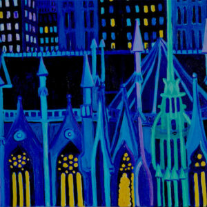 This is a NYC scene at night, midtown. all the buildings are either blue, purple or dark pirple, almost black. Its a direct contrast to the lights on in all the windows and on the streets. Directly in the foreground the St Patrick's Cathedral is center stage. the vertical spires and long yellow lit panes of glass absolutely shine. the old world architectural details are in stark contrast to the other geometric based buildings.