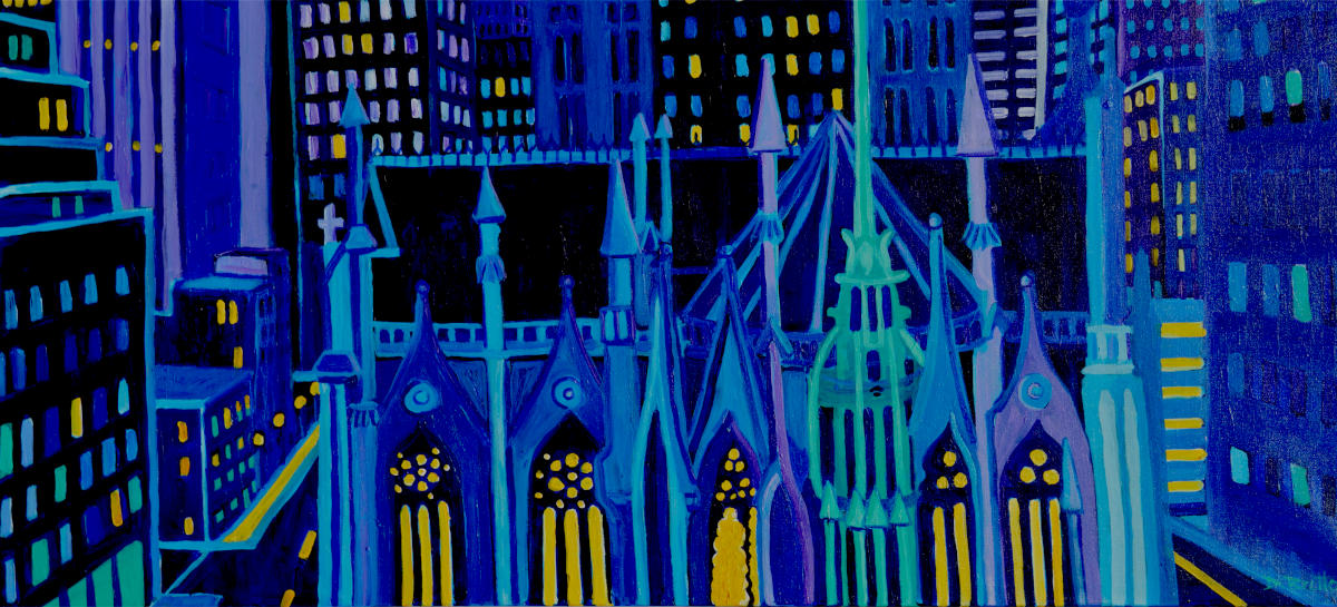 This is a NYC scene at night, midtown. all the buildings are either blue, purple or dark pirple, almost black. Its a direct contrast to the lights on in all the windows and on the streets. Directly in the foreground the St Patrick's Cathedral is center stage. the vertical spires and long yellow lit panes of glass absolutely shine. the old world architectural details are in stark contrast to the other geometric based buildings.