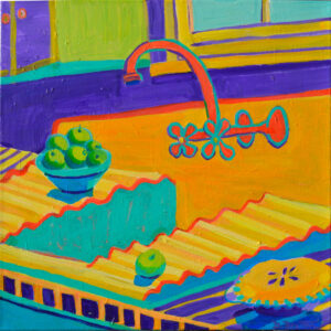 A brightly colored vintage farmhouse sink is warmly inviting with its wavy textured surface and flower petaled handles. A bowl filled with green apples sits on the left, an apple pie sits on the right. Colors include yellow orange, purple and blue green.