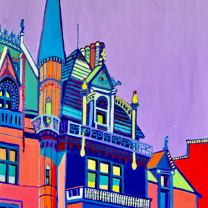An historic home with a plethora of details including a tower, balconies, and decorative elements. The painting is done in bright, warm and cool colors. It has an uplifting feel to it.