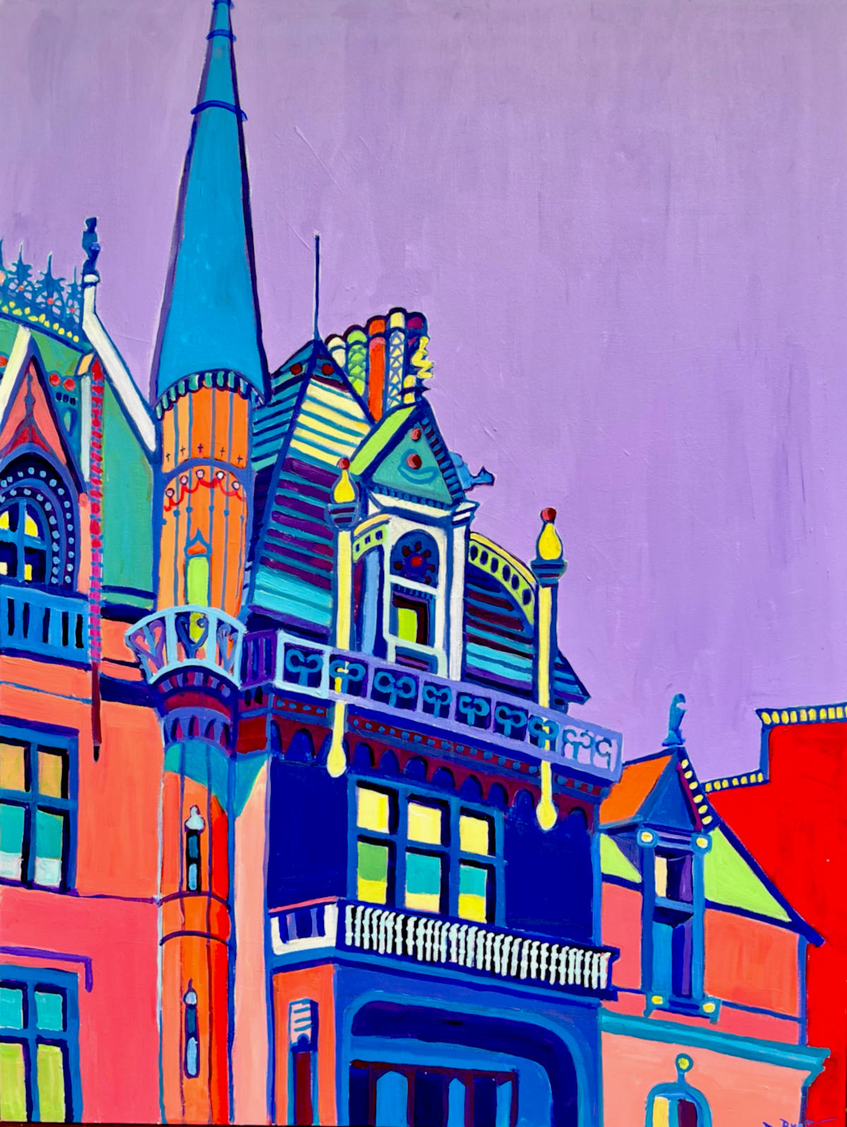 An historic home with a plethora of details including a tower, balconies, and decorative elements. The painting is done in bright, warm and cool colors. It has an uplifting feel to it.