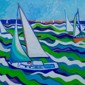 With sweeping motion and dramatic contrast, Windy Seas embodies the power and unpredictability of the ocean. Sailboats float on wavy, vibrant water with bold green, blue and purple tones under a soft, pastel sky