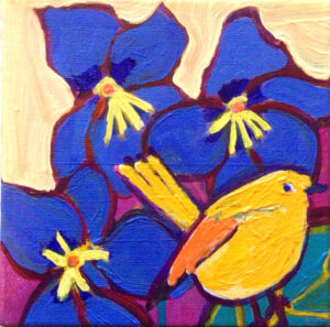 a bright yellow bird with an uplifted tail sits infront of some large, blue-purple violets with bright yellow centers.