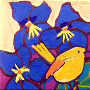 a bright yellow bird with an uplifted tail sits infront of some large, blue-purple violets with bright yellow centers.