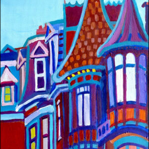 An architectural scene of the decorative upper portions of some rounded victorian era city buildings. some have thin, long windows, some have spired tops and all are red with an edge of blue. Some interesting patterns and unexpected colors are included on the rooftops and building sections.