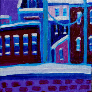 a snowy cityscape in blue, pink and deep red is brought to life by a layering of buildings and a swooping of an electrical wire from pole to pole. Many windows look out, covered in fresh snow.