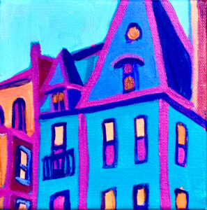 A painting of a bluegreen building edged in pink has yellow lit windows.the tall, hip rooves are deeply shaded