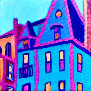 A painting of a bluegreen building edged in pink has yellow lit windows.the tall, hip rooves are deeply shaded