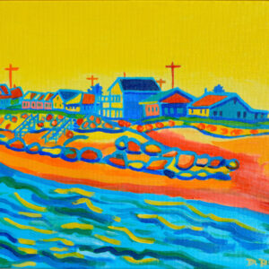 This is a summer seascape as seen from the ocean. The sky is a vivid yellow, the sand orange. In the foreground is a blue ocean with wavy lines depicting water. Above the rocks on the beach and a thin, green line of grass is a string of modest cottages glowing in the sun with cool blue shadows. It has a feeling of taking on the heat of an August day at the beach.