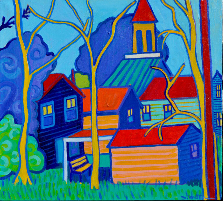 This is a backyard scene where several older homes overlap each other at once. The backsides of three shaded two story homes are visible, with blu-purple shadows, red rooves and yellow windows glowing from an interior light. there are a few bare branched trees in the foreground, alsong with a small garage or outbuilding, connected to a patio/outdoor sitting area. Behind all the homes, the top of a churchwith a green striped roof can be seen with a red-roofed spire and a tall yellow section below it with rounded windows. Purple organic shapes lie behind the church suggesting trees in the distance in front of a light blue-green sky.