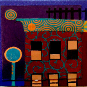 A lone Boston Brownstone building sits in the foreground of this collage (paper glued to board). It has 6 windows, all with a square or rectangle of yellow orange light. it has a decorative pattern onthe band above it along with some fencing above that. a bulls eye moon looms above in the dark purple sky and a single streetlamp mirrors the circular shape of the moon.