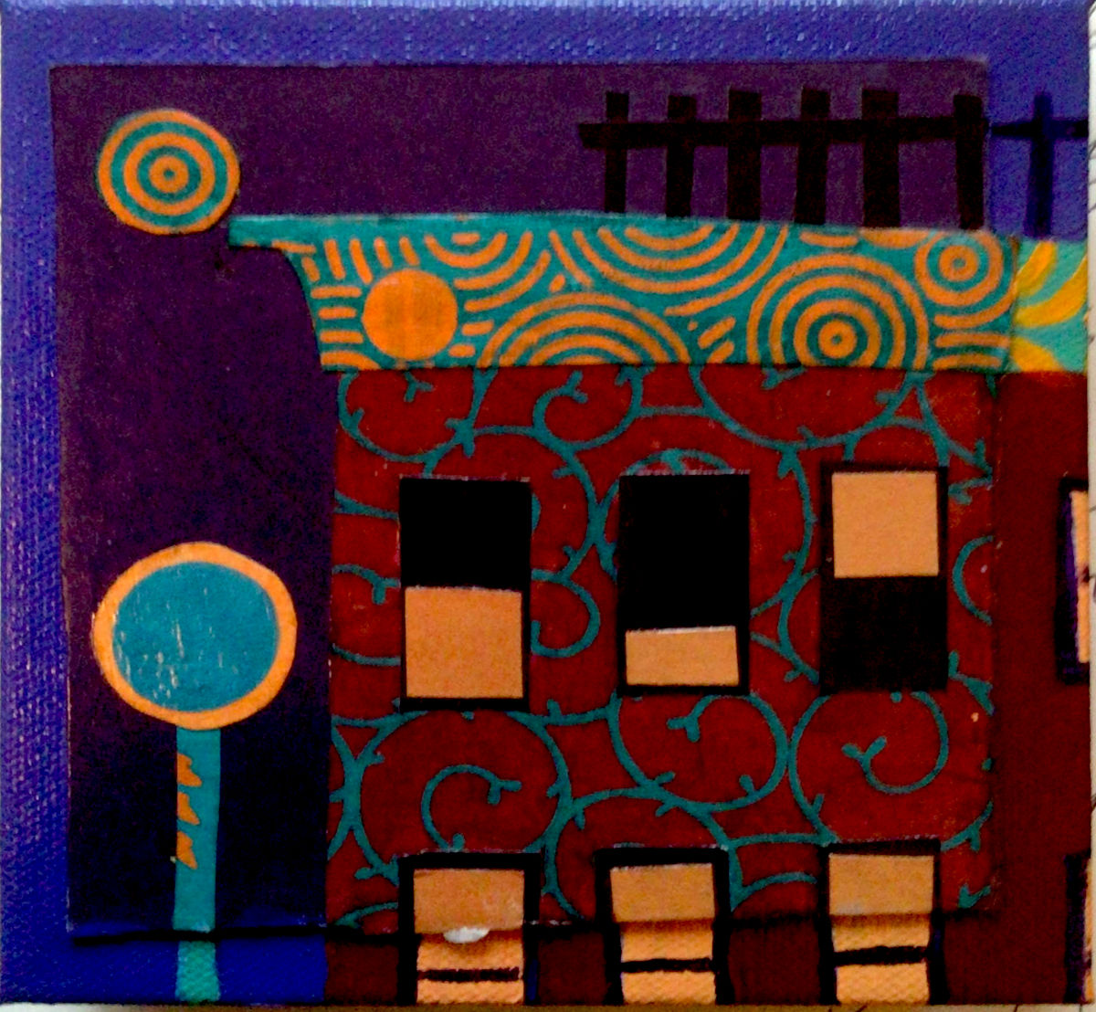 A lone Boston Brownstone building sits in the foreground of this collage (paper glued to board). It has 6 windows, all with a square or rectangle of yellow orange light. it has a decorative pattern onthe band above it along with some fencing above that. a bulls eye moon looms above in the dark purple sky and a single streetlamp mirrors the circular shape of the moon.