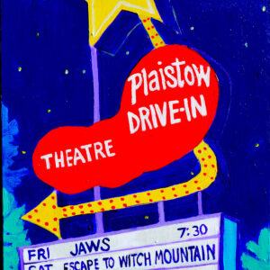 A starry skyof dark blue is lit up by a drive-in move sign in glowing lights and colors announcing the "Plaistow Drive-in Theater". It has a bright yellow star ontop and a sign below announcing the movie selection: Jaws on friday night at 7;30 and "Escape to Witch Mountain" showing on Saturday night.