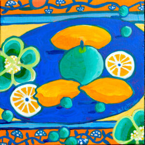 Vibrant colors bring life to a composition of citrus fruits and flowers against a contrasting blue background. Slices of lemon add a sense of freshness to the scene, which is framed by decorative borders with fruit and floral motifs