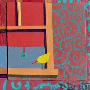 A small, yellow bird sits on a windowsill outside a brick building with a green circular pattern on it. Behind the bird is a window and a red window shade sporting a circular green pull.