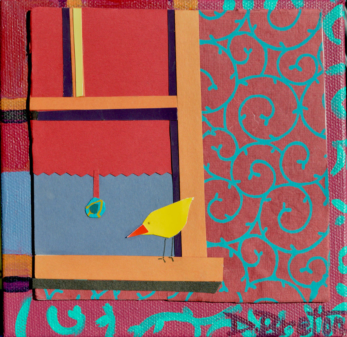 A small, yellow bird sits on a windowsill outside a brick building with a green circular pattern on it. Behind the bird is a window and a red window shade sporting a circular green pull.