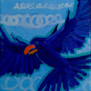 A blue/purple blackbird flies with outstretched wings in a blue sky with swirly white, stylized clouds behind him. His beak is orange. Somehow the scene is not a menacing one, but more joyous.