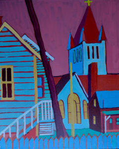 layers of blue buildings with horizontal, red lines sport yellow framed windows with a lighter blue staircase coming down on an angle to the left to meet up with a blue fence interrupting the scene in the foreground. a lone purple tree leans from the center to the left, overlapping the second structure. In back of all of this is a blue church with rounded yellow windows, a spire with a gold cross on the top and there is also a small purple building with a blue roof sitting in front of the church with a porch. It is sort of a cramped backyard scene but in a somehow pleasing composition that makes you think of a warm embrace.