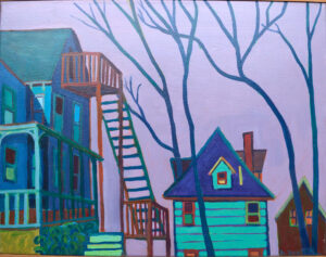 "Foster Street" is a driveway scene including three homes. The structure on the left has a fire escape reaching from the top window to the first floor landing. it reaches the blue green clad home in the background with a blue roof. Tall, bare trees separate the fore and backgrounds. Light shines only on the back building, the stairs on the left building and a sliver of the second floor. The purple-gray sky hangs behind it all.
