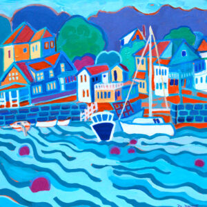 A colorful and bright harbor scene of Annisquam Village, Gloucester, MA. Wavy lined water is in the foreground. In the back are quaint older houses, purple hills and green trees. Boats and buoys take up the middle ground. The main colors are blue, red, orange and white.