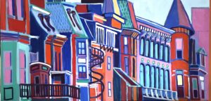 Boston Brownstones shining in the sun with all their ornaments and decorations using oranges, and pinks for light and blue green and ultramarine blues as shadows. A spiral staircase and rooftop patios with fences.