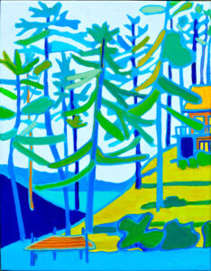 An orange summer cabin with a yellow roof sits atop a yellow-green hill with very tall pine trees dotting the sunny yellow-green grass. Adjacent to this hill is a dark blue one with an equal number of towering trees on it. In the foreground, an orange striped dock sits above the water on stilts. The two hills are not touching and water flows between them. In the background is a larger portion of the lake with a blue mountain whispering behind it.