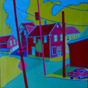 A very colorful New England seaside town corner sparks conversations! The houses are mainly red with pink rooves. There are 3 telephone poles centrally located. The organically shaped trees are yellow green and there are two cars in different driveways. Its partially framed by two blue telephone pole wires and most of the objects are also outlined with a similar light blue. The center building is "cornered" by a road that wraps around it on two sides then continues to the foreground where it forks in two directions.