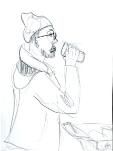 This black and white drawing depicts man with a beard, glasses and a winter hat holding a coffee cup up to within two inches of his mouth to get his "last sip". He is waiting in line to get his groceries checked out and is shown with a cart in front of him.