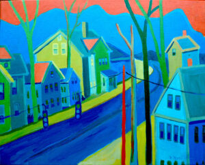 A residential but still city street scene sits with a road running through it after the rain. The hills behind the houses are tall and blue. the overlapping houses and trees are a mix of blue, yellow-green and orange. Many are chimneyed and have bare-branched trees alternating around the buildings. Finally, there is a thin line hanging two streetlights from an orange pole in the foreground. Somehow it feels home-y to me, with hope fluttering in the sun trying to shine on the rain-soaked buildings.