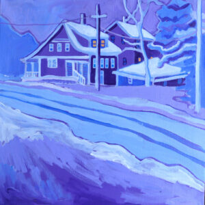 This is a very cool scene made up of mostly blues and purples. There is a two story "A frame" home (seen from the right and back sides) with a bumped out roof exposing two warm and welcoming glowing yellow lights coming from the windows in the rear of the house. The roof has an interesting swoop that ends with a lovely porch on the left. A neighbor's home sits taller, behind it. On the right of the main building is a hip roofed garage. The homes are resting along side a very snowy road with blue and purple snow drifts along both sides. The sky is a light to medium purple, and a snow covered blue tree stands alongside a lone telephone pole and a snowy pine tree. The scene is cold but the warm yellow lights in the windows beckon you home.