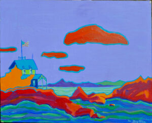 Against a purple sky with orange clouds, a blue-green river flows. In the foreground there are red and orange rocks jutting out from the water. On the lefthand side a yellow green two story house with a blue roof sits atop the rocks. It has a tall American flag secured to the roof, somehow and a small porch to the right of it. Purple and green hills or trees are suggested in the background.