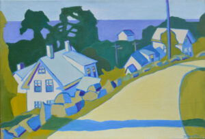 White houses sit just below the road on a hillside. The grasses are a yellow green, the shadows on the houses, blue. In the background, darker blue-green trees are behind the houses as are several telephone poles and the light blue ocean. The sky is a lighter shade of blue-green. It looks like a lovely road for a summer drive.