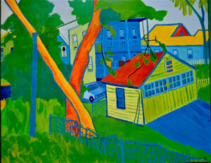 Sheffield Porches, original acrylics painting, 24" x 30", residential backyards in Roslindale, Boston, MA