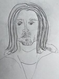 This is a pencil drawing of a white man in his twenties with straight, shoulder length hair lparted in the middle. He has a relaxed expression on his face along with a light mustache and beard. He wears a t-shirt and a hoodie. Only his hair and his eyes have any darkness. the rest is a line drawing.