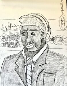 An African-American man dressed in a Market Basket signature uniform of a tie, coat and shirt seemed to be the head of his produce department when this drawing was made. A fully stocked shelf of fruits and vegetables can be seen lined up in horizontal rows behind him. He sports a plastic hair net, but somehow pulls it off. ;)