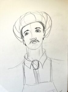 A man with dark hair and a moustache stands with a perplexed expression. He was very busy serving customers wearing a buttoned down shirt, a tie, a hairnet and an apron. He sports a thin moustache and has a lot of character in his face.